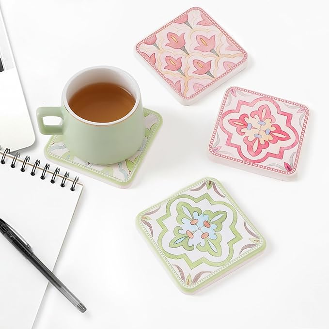 Coasters Set of 4, Square Drink Coasters Absorbent Heat Resistant Diatomite Coaster Cup Mats Vintage Home Decor for Coffee Table Desktop Protection (C, 3.9" x 3.9", 4pcs)