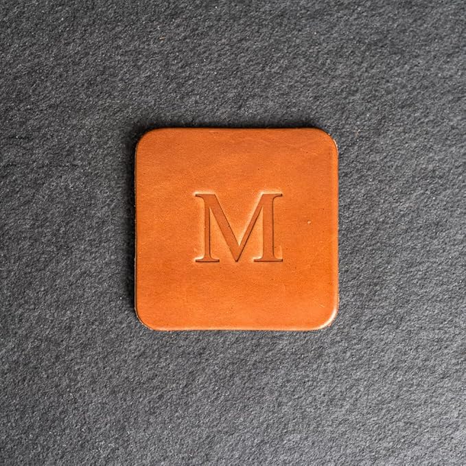 Ox & Pine Personalized Leather Coaster - Sold Individually or in Sets of 4 - Customize Inscription - 100% Full-Grain Leather – 4" Round or 4" Square (Square, Brown, 1 Individual Coaster)