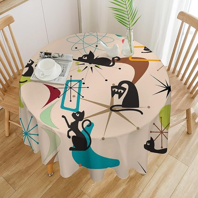 Mid Century Black Cat Round Tablecloth, Bohemian Modern Colorful Abstract Geometric Retro Art Bohemian Tablecloth for Home Party Dining Room Kitchen Decor 70Inch(178cm)