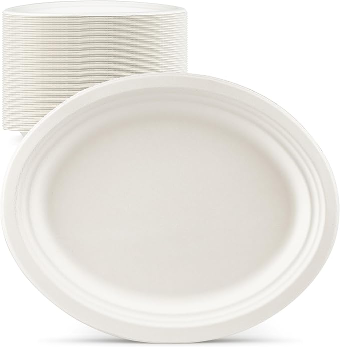 Mat Board Center, 12.5x10 Inch, 500-Count, Compostable Plates, Natural Bagasse (Sugarcane Fiber), Everyday Tableware - Disposable - Oval Shape - Microwave-Safe - Gluten-Free - Eco-Friendly
