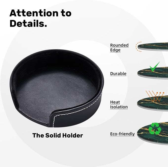 Drink Coasters with Holder Stand Set of 6, Emerald Green Gold Marble Pu Leather - Image 4