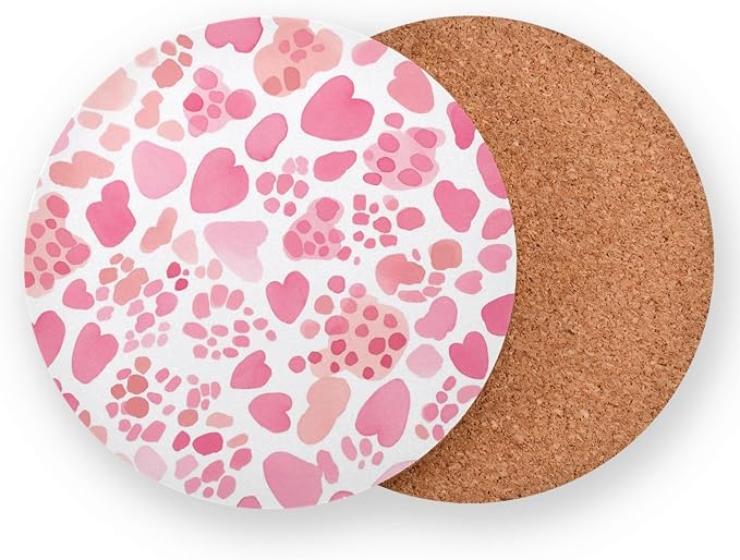 Pink Glitter Leopard Print Set of 4 Round Drink Coaster Cork Trivets - Image 2