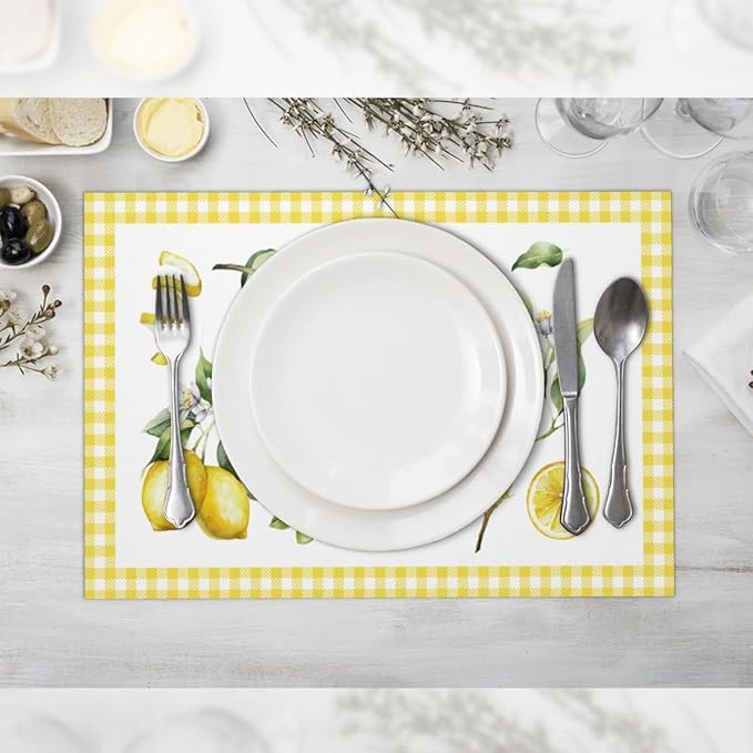 Lemon Placemats Set of 4 Washable Table Place Mats for Dining Kitchen Party Decor