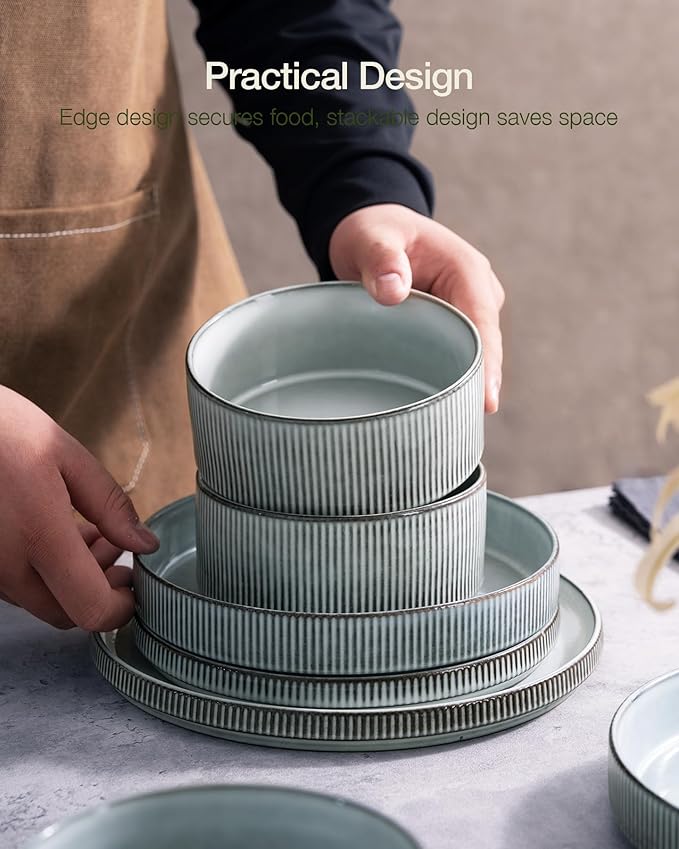 Famiware Star Dinnerware Set with Pasta Bowls, Service for 4 (16pcs), Ribbed Stoneware Plates and Double Bowls Dishes Sets - Chip & Scratch Resistant, Microwave & Dishwasher Safe, Smoky Blue