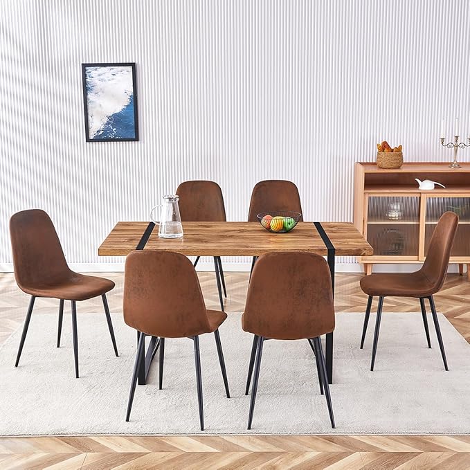 7 Piece Dining Table Set，Dinner Table Set for 6，55'' Kitchen Table and Suede Nap Fabic Chairs Set of 6，6 Chair Dining Table Set for Kitchen Dining Room