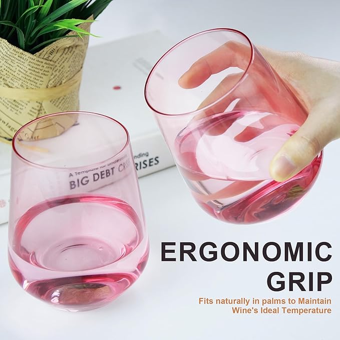 Pink Stemless Wine Glasses Set of 6, 15oz Drinking Glassware Dishwasher Safe, Wine Glass Tumblers for Red or White, Gift for Party, Holiday, Anniversary, Restaurant, Home Bar, Daily Use