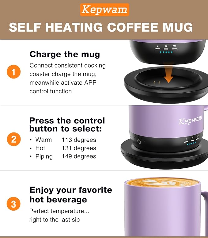 Kepwam Self-Heating Coffee Mug T1, 16oz Rechargeable Heated Coffee Mug - Image 3