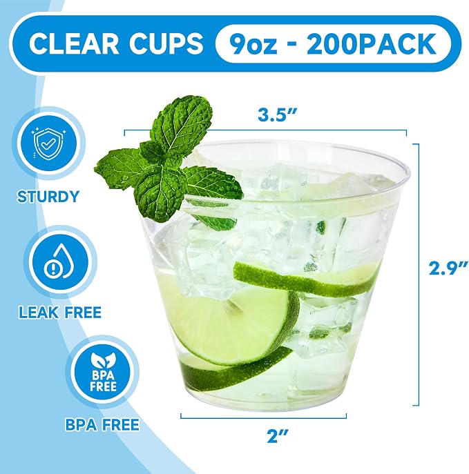 RACETOP 9 oz 200 packs Clear Disposable Plastic Cups, Durable Plastic Cups - Image 2