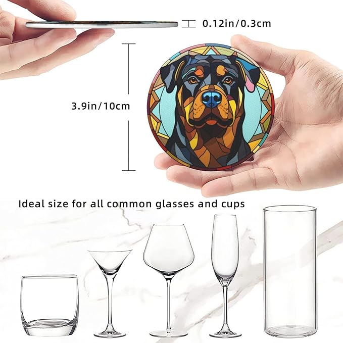 Drink Coaster Set of 6, Rottweiler Dog Mom Lover Gift,Leather Drink Coasters with Holder,6 Pack Cup/Bar/Drink Coasters for Table/Drinks/Coffee Protection Housewarming Gift