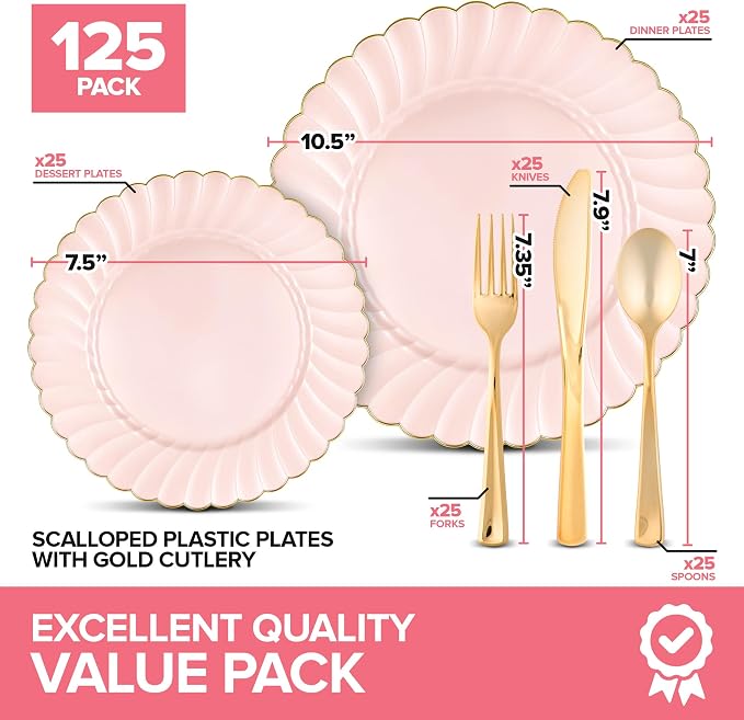 125 Piece Pink & Gold Scalloped Plastic Dinnerware Set - Image 2