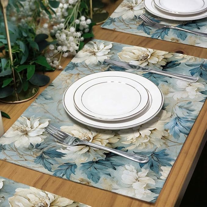 12"x18" Vintage White/Blue/Green Peony Florals Placemats Set of 4 Washable Thick Place Mats Kitchen Table Mats Decorative Linen Fabric Table Mat for Dining Table Kitchen Home Decor