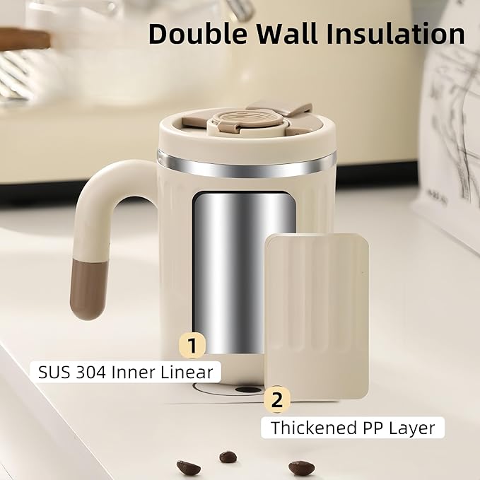 16oz Insulated Coffee Mugs - Ideal for Indoor Office Use. Features SUS 304 Inner, Double Wall Insulation, Detachable Silicone Ring. 3 Drinking Options. Available in White, Brown, Pink (Pink)