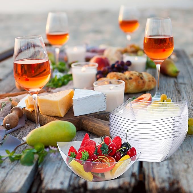 Tanlade 50 Pcs Square Plastic Serving Bowls Disposable Snack Salad Bowl Small Party Candy Bar Containers Taco Bar Serving Dishes for Buffet Chips Fruit(Clear,16 oz)
