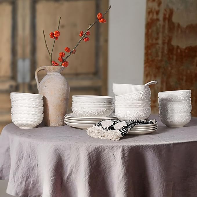 Artena Ceramic Cereal Bowls 26 oz, Embossment Soup Bowls Set of 4, White Salad Bowl for Kitchen, Dinner, Breakfast, Oatmeal, Rice, Pasta, Dishwasher Microwave Safe, 6 inch (Lianas)