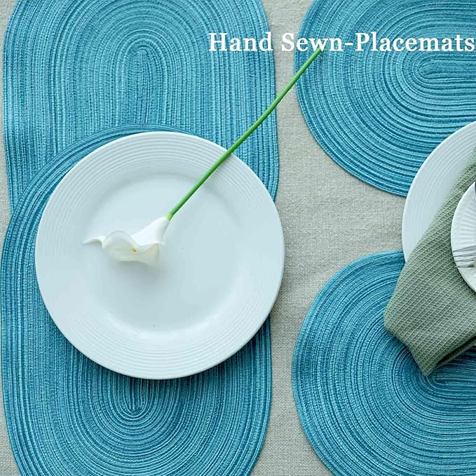 Noctiflorous Oval Braided Placemats Set of 8 Woven 12x18 Inch Non Slip Washable Heat Resistant Place Mats Round Tablemats for Dining Kitchen Party Daily Table Decor Dinner Mats (Sky Blue, 8)