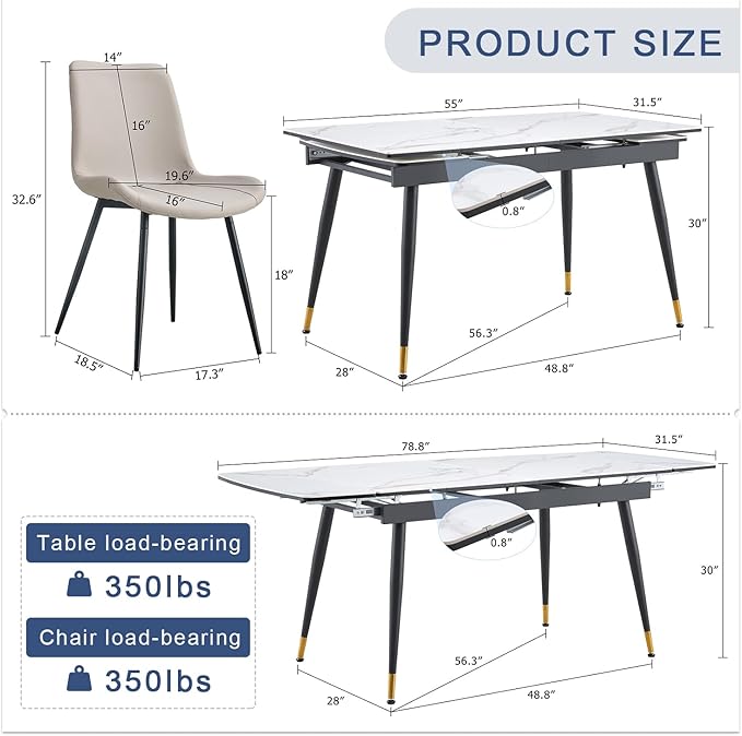 Extendable Dining Table Set for 8, 55'' to 78.8'' Rectangular Thickened Sintered Stone Kitchen Table with 8 Upholstered Chairs, Modern Space Saving 9-Piece Dinner Table Set