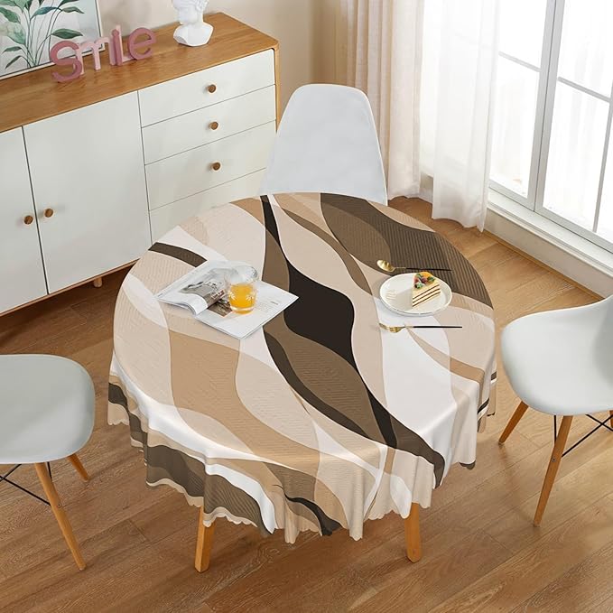 Laeacco 70 Inch Brown Modern Round Tablecloth Striped Geometric Abstract Art Print Table Cloth Washable Waterproof Wrinkle Free Table Cover for Kitchen Dining Picnic Party Decoration