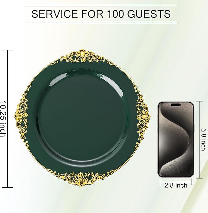Nervure 100PCS Green and Gold Plastic Plates - 10.25inch Green Disposable Plates - Heavyweight Dinner Plate for Wedding & Party