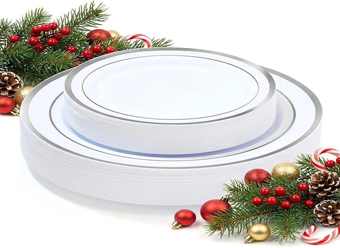 60 PCS Silver Plastic Plates, Silver Disposable Party Plates, Premium Christmas Plastic Plate Include 30 Dinner Platos 10'' and 30 Dessert Platos 7'' Perfect for Birthday, Christmas & Party