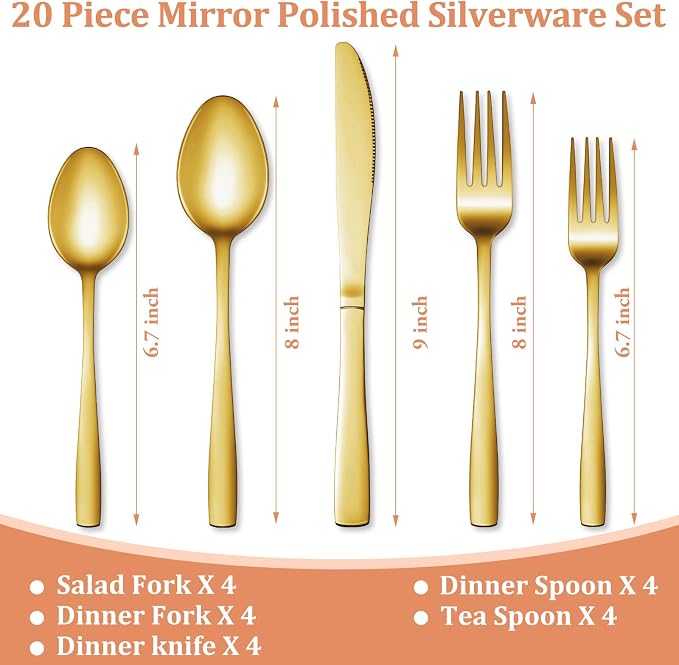20 Pcs Gold Silverware Set, Stainless Steel Flatware Set - Image 2