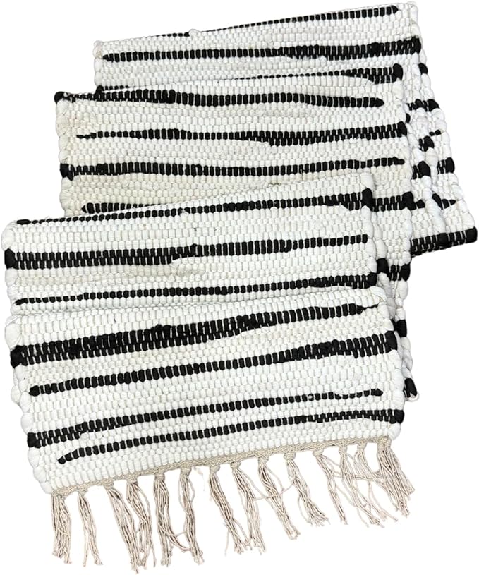 Perilla Home Chindi Table Runner Boho with Tassels 72 Inches Long Linen Cotton - Braided Rustic Farmhouse Fall Kitchen Dining Table Decoration for Party Wedding (Black & White)