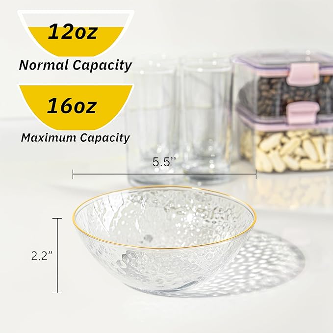Rubtlamp 20 Pack Clear Disposable Bowls, Clear Plastic Bowls with Gold Rim, 12-16oz Premium Heavy Duty Plastic Dinner Bowls for Party, Wedding and Holiday