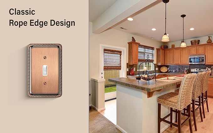 Henne Bery Rope Edge Decorative Wall Plate Switch Plate Outlet Cover (Single Toggle, 3 Pack, Antique Copper)
