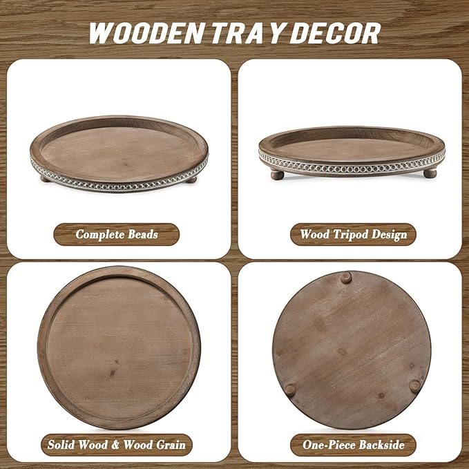 Handmade 12 Inch Decorative Tray, Small Beaded Tray Coffee Table Decor, Warm Brown Round Wooden Tray for Coffee Table, Dining Room Table Entryway and Living Room Table