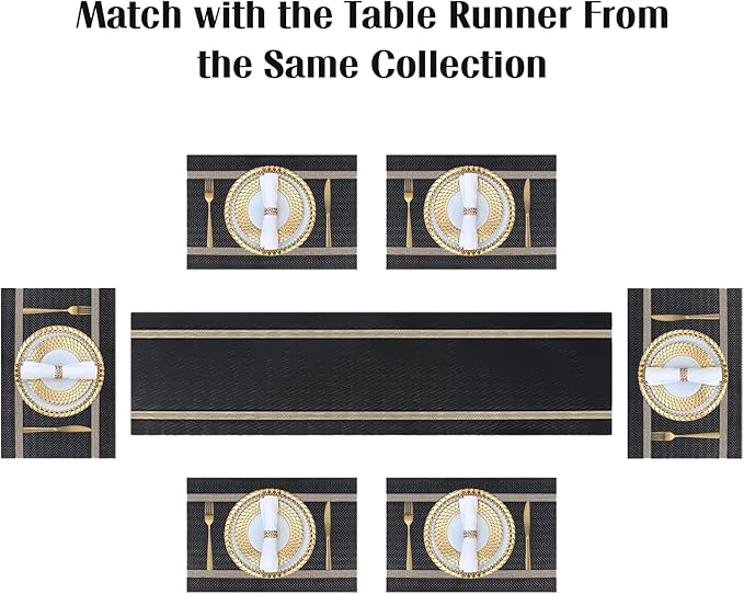FAVE Placemats Set of 12 Black Placemats Woven with Golden Thread Heat Resistant 12 Vinly Place Mats for Wedding, Banquet, Birthday, Party, Restaurant (Black, 12"x18"-12PCS)