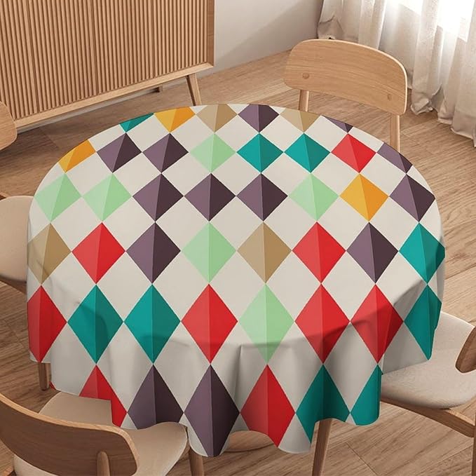 Abstract Geometric Round Tablecloth, Modern Mid Century Background Mid Century Colorful Print Pattern Tablecloth for Home Party Dining Room Kitchen Decor 70Inch(178cm)