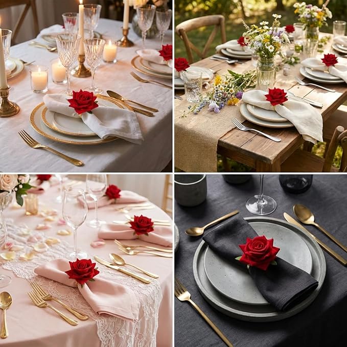Honeydak 24 Set Valentine's Day Napkin Ring Rose Flower Metal Napkin Ring Designed with Rose Serviette Buckle for Valentine's Day Wedding Anniversary Party Dinner Table Decoration (Red)
