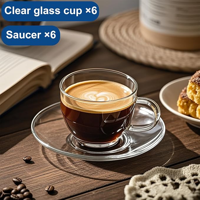 7oz Glass Tea Cups and Saucers, 6 Pack Clear Teacup and Saucer Set, Glass Tea - Image 5