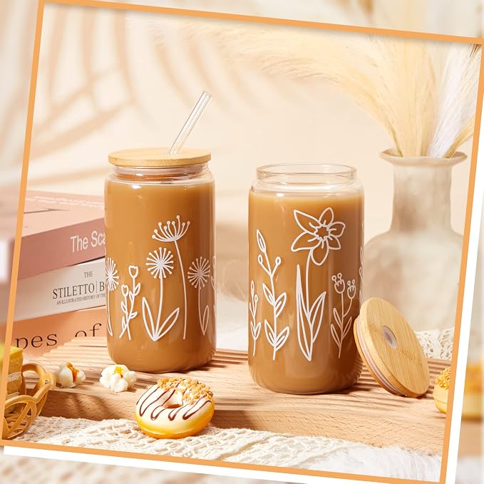 Mumufy 8 Pack Glass Cups Gift Aesthetic Cute Glass Cup Tumbler Flower Iced - Image 3