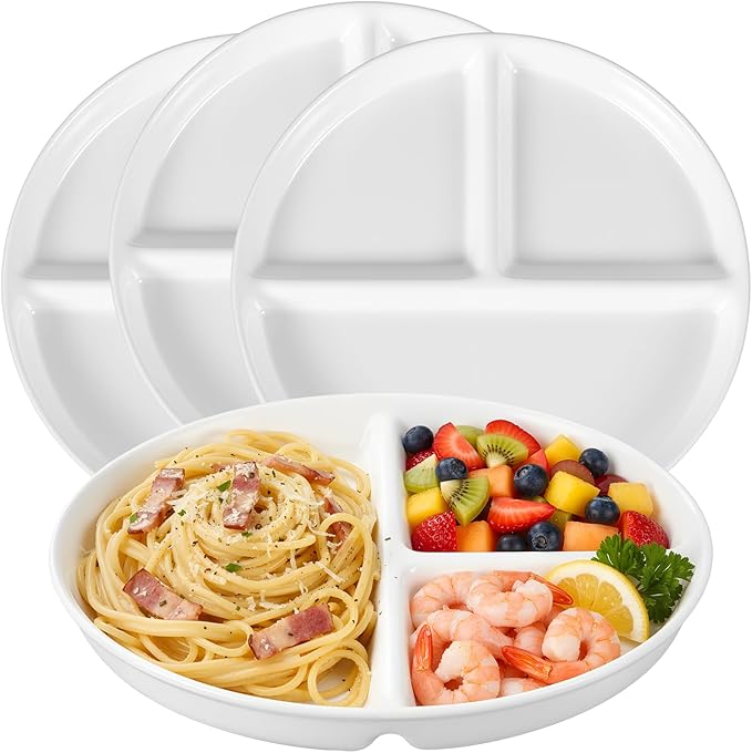Lounsweer Set of 4 Pcs Portion Control Plate Ceramic Divided Bariatric Plates 3 Compartment Reusable Dinner Plates for Weight Loss Balanced Meal (9.5 Inch)