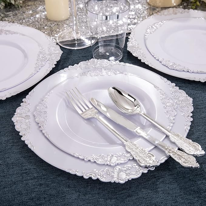 Hioasis 100pcs White Silver Plastic Plates for Party - 7.5" Dessert Plates Disposable, Heavy -duty, Classy and Elegant for Wedding
