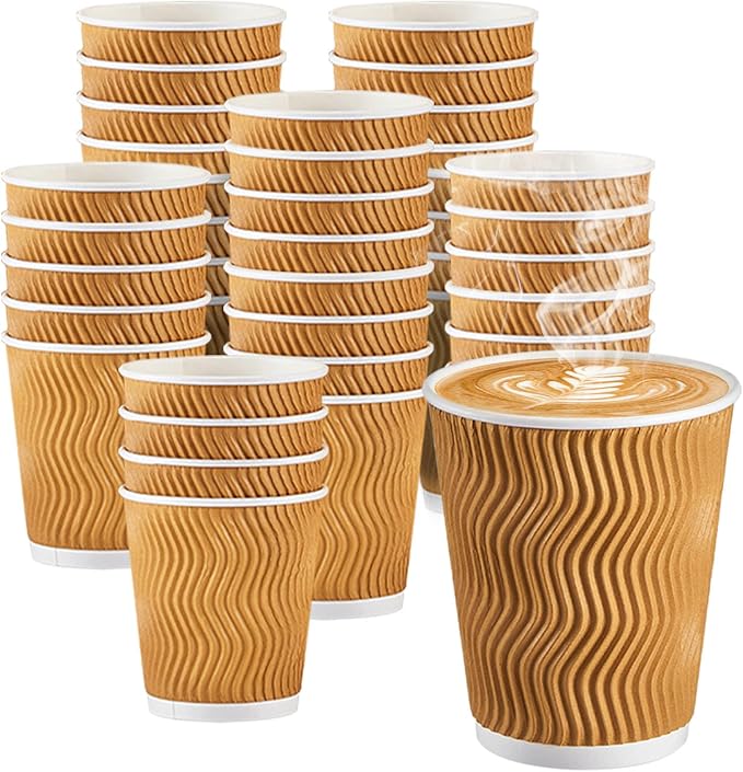 120 Pack 10 oz Coffee Cups, Disposable Corrugated Insulated Ripple Wall Paper Coffee Cups 10oz for Hot or Cold Drinks Office Home Cafe Party Travel (Champagne)