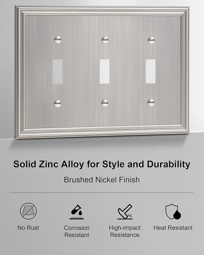 2-Pack Triple Toggle Light Switch Cover Plate, Durable Solid Zinc Alloy Decorative Switch Plate Covers, Brushed Nickel 3 Gang Wall Plate, Corrosion Resistant