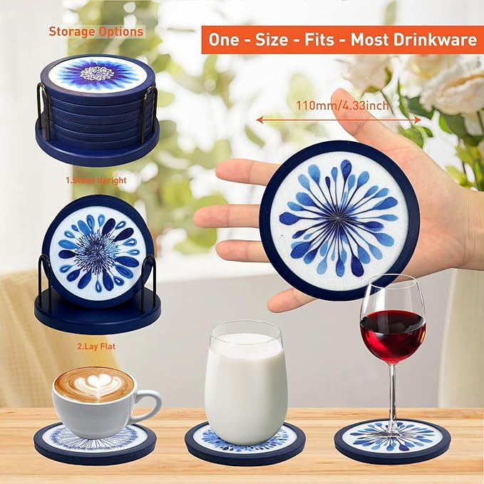 Indigo Floral Non-Slip Silicone Coasters, 4-Pack Double-Sided Absorbent Cup Mats for Hot & Cold Drinks, Scratch & Water Ring Protection for Wood Tables, Home Office Bar Use (6PC)