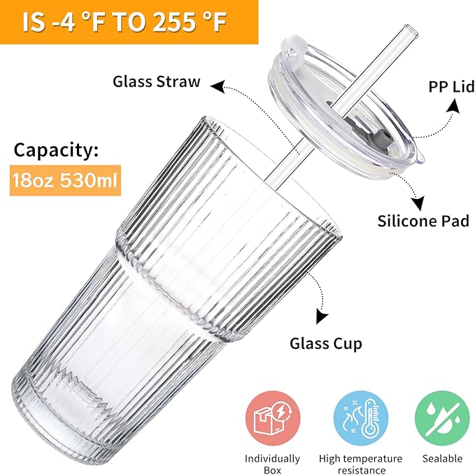 Glass Cups with Lids and Straws - 18oz Glass Tumbler with Straw and Lid, Premium Coffee Cups for Tea, Iced Coffee, Smoothie，Ideal Gift for Home, Office, 4 Pack