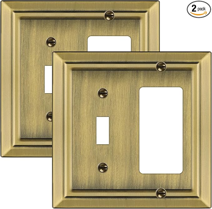 Metal Wall Plate for Electrical Outlets, Decorative Antique Brass Switch Plates Outlet Cover, Light Switch Cover Plate, 2-Gang Wall Plates (Toggle/Decorator, 2 Pack)