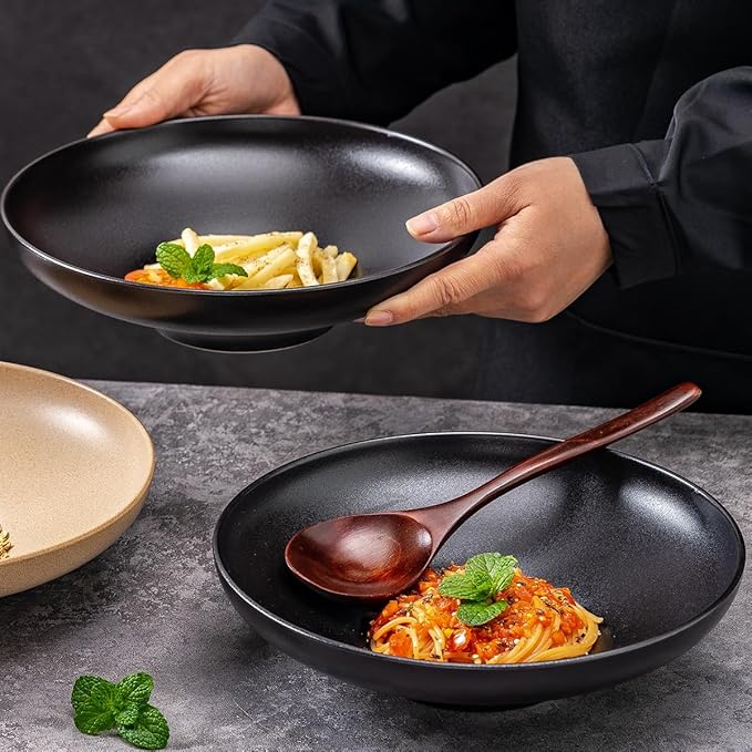 Ceramic Serving Bowls with Wooden Spoons Set of 2, Large Serving Bowl for Dinner Salad Soup Pasta Dessert Fish Fruit Chicken Bread, Oven Dishwasher Safe, 50oz Bowl for Entertaining, 9.75" Pure Black