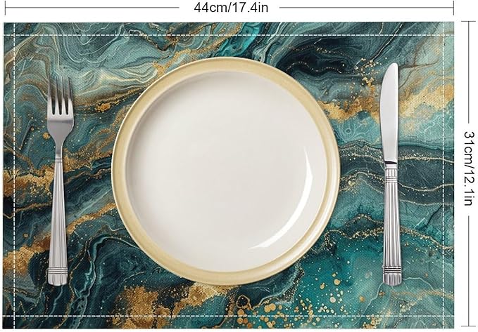 Marble Linen Placemats Set of 2, 12x17 Inch Modern Abstract Foil Stone Texture Teal Gold Marble Table Mats Washable Fabric Place for Party Kitchen Wedding Dining Banquets Decor