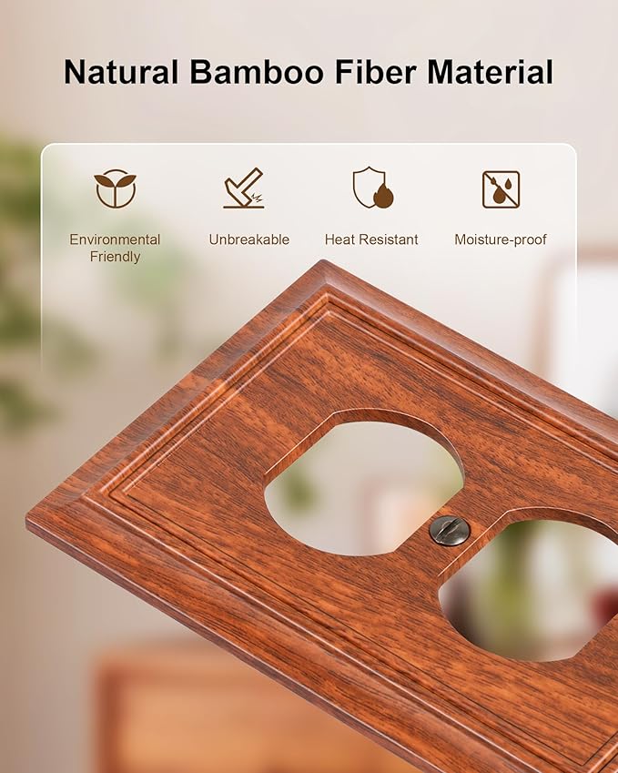 6-Pack Duplex Outlet Cover Plate, Decorative Wood Grain Switch Plates and Outlet Covers, Natural Bamboo Fiber Wall Plates for Electrical Outlets, 1 Gang Receptacle Cover, Corrosion Resistant