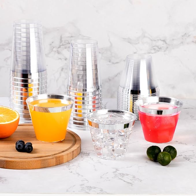 Goodluck 200PCS 14oz Silver Plastic Cups for Party, Disposable Silver Plastic Cups, Cocktail Glasses for Wedding Thanksgiving, Christmas, and Parties