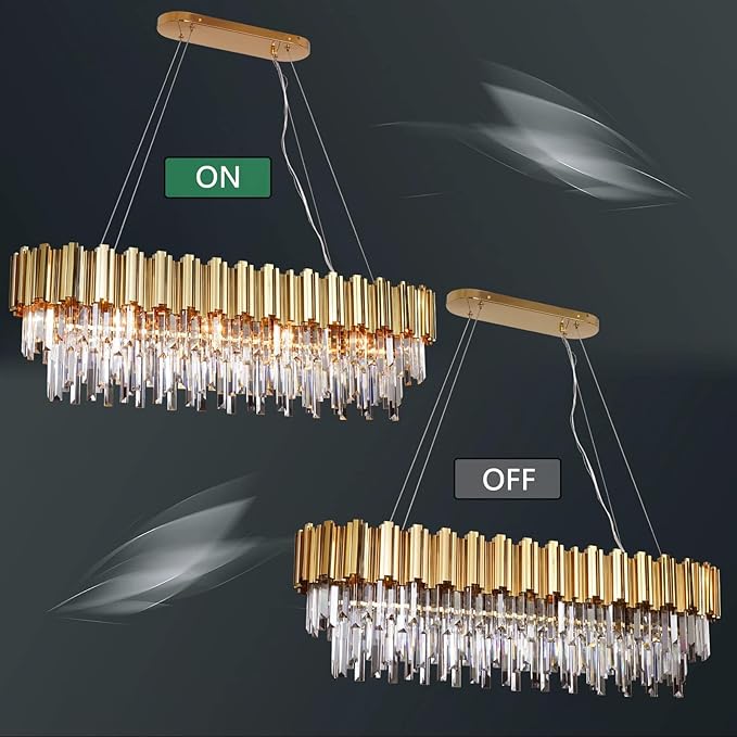 L43.3 Modern Rectangle Crystal Chandelier Gold Linear Pendant Ceiling Light Fixture for Dining Room Contemporary Oval Raindrop Chandeliers Lighting for Kitchen Island 13-Light