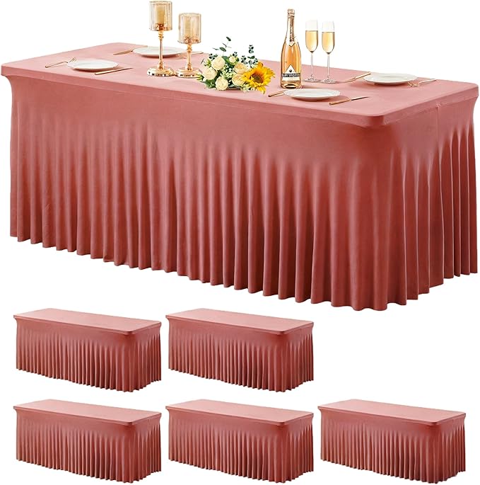 Wish Care 6 Pack Dusty Rose Spandex Table Clothes for 8 Foot Rectangle Tables, 8FT Wrinkle Free Fitted Tablecloths Ruffles Design Table Cloth for Party, Banquet, Wedding and Events
