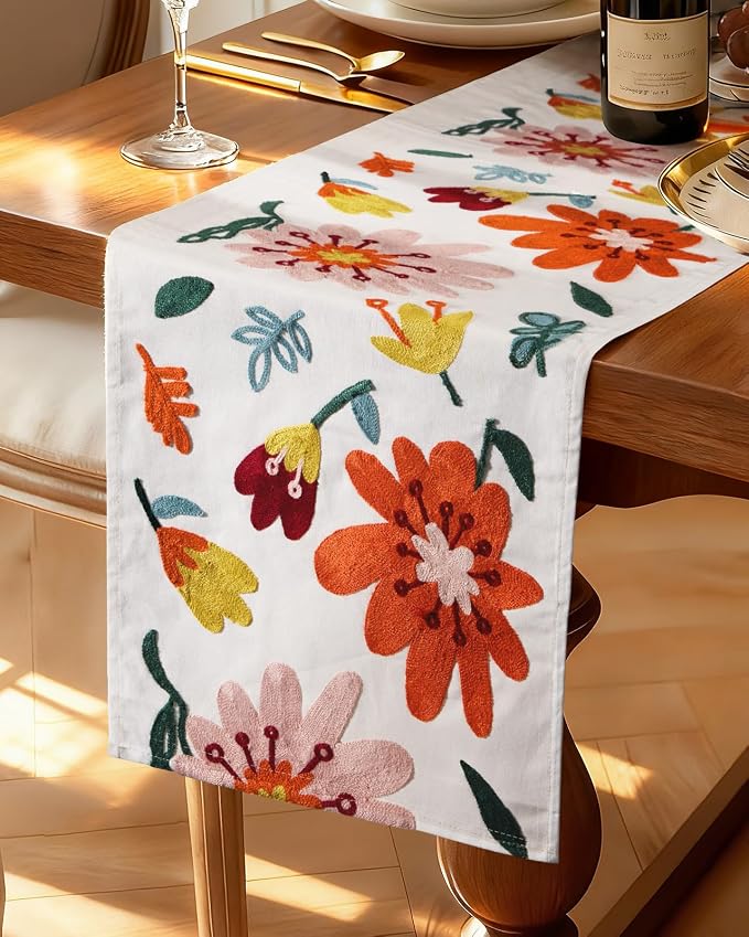 Canvas Embroidered Narrow 13"x 72" Table Runner, Colorful Flower | Exquisite by Kokaaee