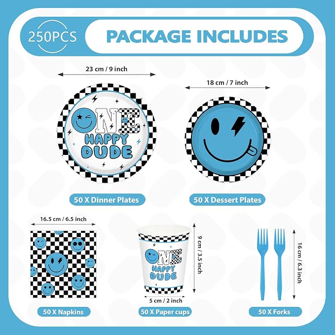 250Pcs One Happy Dude 1st Birthday Party Decorations, Serves 50 | Blue Smile - Image 2