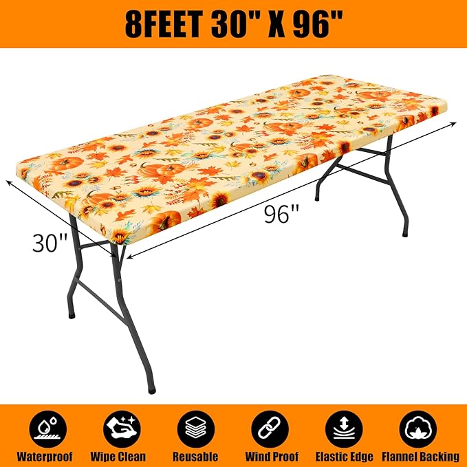 Smiry Plastic Thanksgiving Tablecloth, Sunflower & Pumpkin Waterproof Elastic Fitted Table Covers for 8 Foot Tables, Wipeable Flannel Backed Vinyl Tablecloths for Autumn Harvest (Gold, 30x96 Inches)