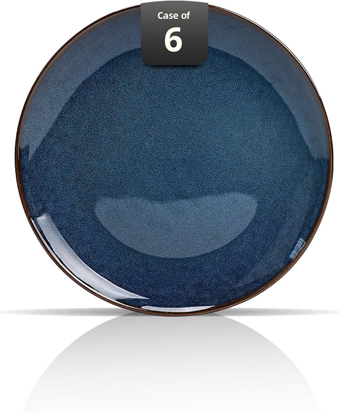 Organic Shape Highland Ceramic Dinner Plates, 6pcs 11.65 Inch Handmade Reactive Glaze Dinnerware Sets with Wavy Edge, for Kitchen, Microwave & Dishwasher Safe, Scratch Resistant-Blue